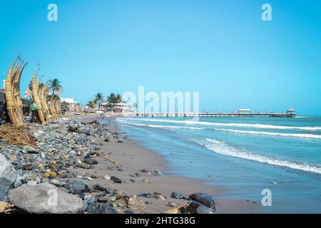 Huanchaco vacation beach town in the city of Trujillo, located in Peru during daylight Stock Photo
