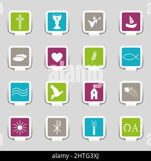 Illustration of colorful religion icons on grey background Stock Photo