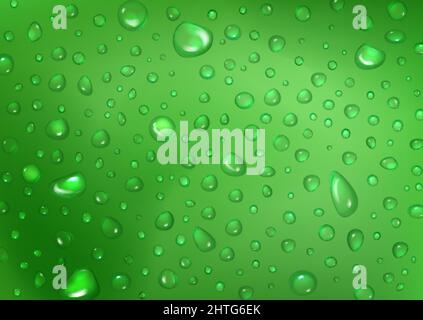 Fresh water drops on green abstract background. Drop wet texture or condensation water on grass color. Pure shining rain droplets, close up backdrop. Realistic 3d vector illustration Stock Vector