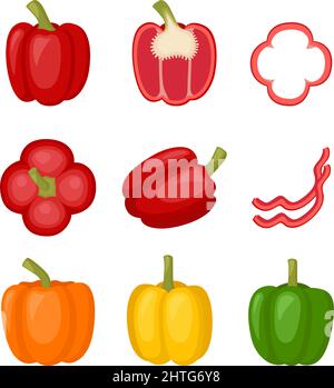 Sweet red, yellow, orange peppers, bell pepper. Slice of pepper, cut half full paprika, vector illustration Stock Vector
