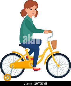 Cute girl riding bike. Smiling kid on bicycle, vector illustration Stock Vector