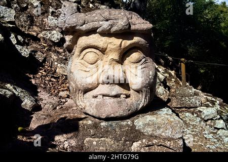 Ancient Old Man’s Head, Copan Ruinas, Honduras Stock Photo