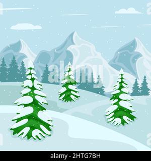 Snowy winter landscape with mountains, vector illustration Stock Vector