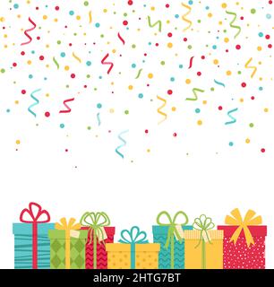Holiday background with confetti and gift boxes, vector illustration Stock Vector