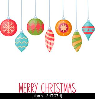 Christmas card with hanging decorations for christmas tree, vector illustration Stock Vector
