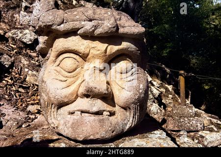 Ancient Old Man’s Head, Copan Ruinas, Honduras Stock Photo