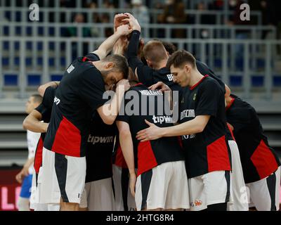 firo : Basketball: February 28th, 2022, Germany - Israel, FIBA Basketball World Cup Qualifiers, Group D team circle Stock Photo