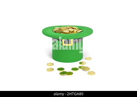 Leprechaun hat full of gold coins isolated on white background. 3d illustration. Stock Photo