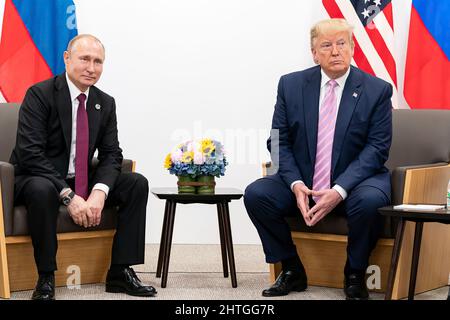 President Donald J. Trump participates in a bilateral meeting with the President of the Russian Federation Vladimir Putin during the G20 Japan Summit Friday, June 28, 2019, in Osaka, Japan. Stock Photo