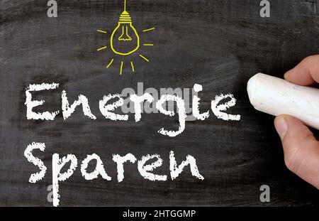 Energie sparen engl. Energy reduction ideas chalkboard Stock Photo