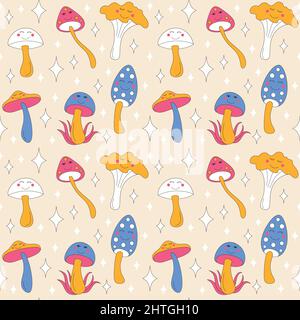Retro mushromms and sparkles on light background. Stock Vector
