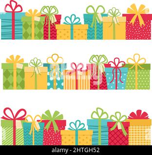 Set of rows of colorful gift boxes. Gifts for holidays. Vector illustration Stock Vector