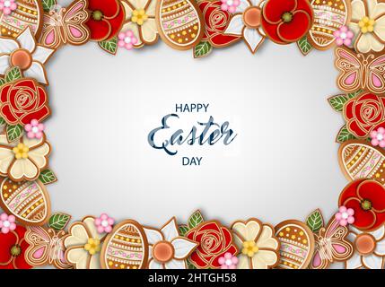 easter background with gingerbread cookies. easter frame with gingerbreads Stock Vector