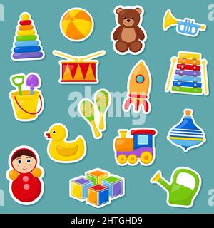 Kid toys. Set of stickers, vector illustration Stock Vector