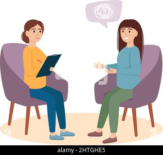 Psychology therapy. Woman sitting and talking to psychologist. Psychotherapy concept, vector illustration Stock Vector