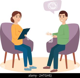 Psychology therapy. Man sitting and talking to psychologist. Psychotherapy concept, vector illustration Stock Vector
