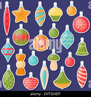 Сhristmas tree decorations. Set of stickers. Collection of xmas decorative elements, vector illustration Stock Vector