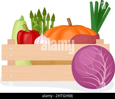 Fresh farm vegetable in wooden box, vector illustration Stock Vector