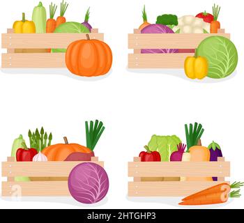 Set of wooden boxes with fresh farm vegetables, vector illustration Stock Vector