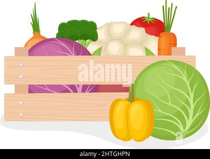 Fresh farm vegetable in wooden box, vector illustration Stock Vector