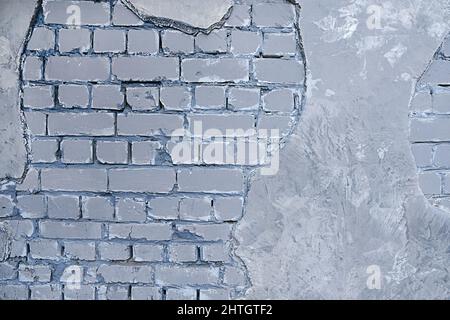Grey cracked brick wall texture Background. Painted Distressed Wall Surface. Grungy Wide Brickwall. Abstract Web Banner. Copy Space. Stock Photo