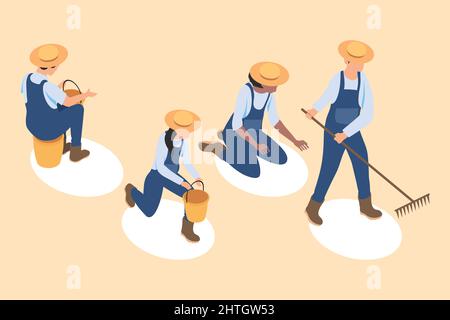 four isometric farmers characters icons Stock Vector