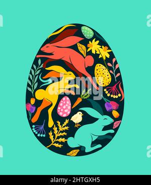 A decorated easter egg with rabbits, floral plants and colourful eggs. Vector illustration Stock Vector