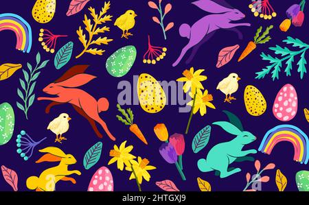 A bright and colourful easter decorated background with floral elements, rabbits and chocolate eggs. Vector illustration Stock Vector