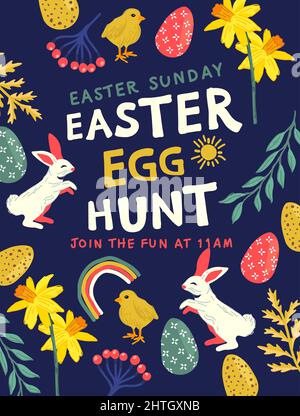 Easter egg hunt background with rabbits, decorated eggs and floral elements. Vector illustration. Stock Vector