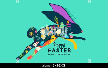 Festive and bright happy easter decorated rabbit design with floral and easter elements. Vector illustration. Stock Vector