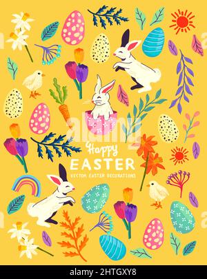A collection of easter celebration elements with rabbits , floral decorations and easter eggs! Vector illustration Stock Vector