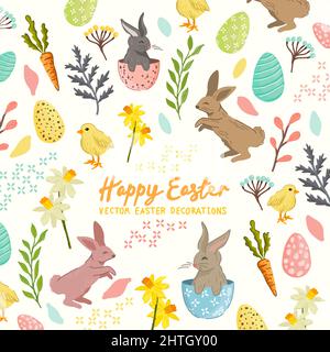 Festive easter pattern elements with decorations, eggs and cute rabbits. Vector illustration. Stock Vector