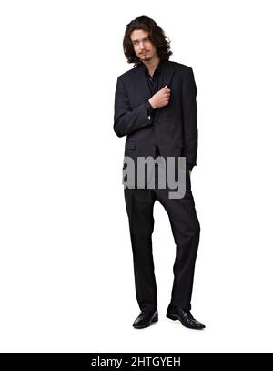 Looking suave in his suit. Handsome young man wearing a stylish black suit isolated on white. Stock Photo