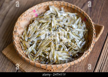 small dried fish on basket and the sack background Stock Photo