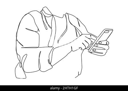Single continuous line drawing of Person play or working with phone or smartphone. Modern simple line draw design. Vector illustration minimalism desi Stock Vector