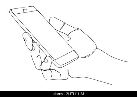 Single continuous line drawing of hand holding phone or smartphone. Modern simple line draw design. Vector illustration minimalism design smart mobile Stock Vector