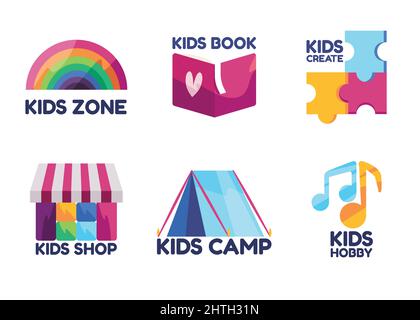 Colorful symbols of kids world likes rainbow for kids zone books icon book tent camp shop puzzle create musical notation hobby modern cartoon Stock Vector