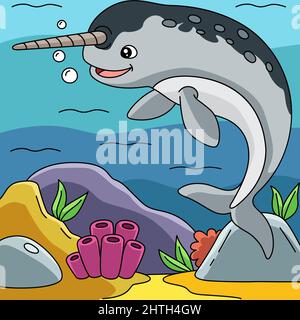 Narwhal in Ocean Cartoon Colored Illustration Stock Vector