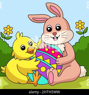 Rabbit And Chick Hugging Easter Egg Illustration Stock Vector