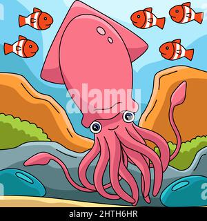 Giant Squid Cartoon Colored Illustration Stock Vector