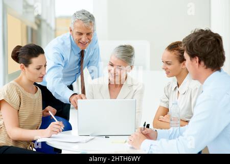 Senior business manager discussing new project with team. Portrait of senior business manager discussing new project at office on laptop. Stock Photo