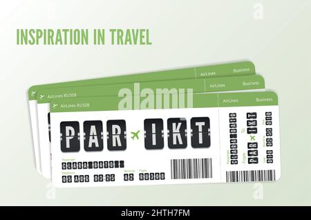 Three flight tickets. Modern airline design of boarding pass with flight time and passenger names. Fly together concept Stock Vector