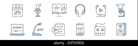 Podcast, radio broadcast and music doodle icons. Equalizer, microphone, audio computer program, headset, playlist application, laptop with sound wave, phone and dynamics, Line art vector illustration Stock Vector