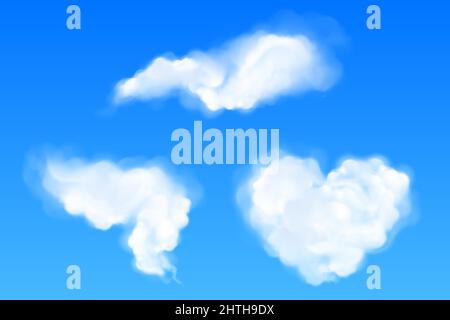 Realistic clouds of heart and abstract shapes, white fluffy spindrift or cumulus eddies flying in blue sky. Weather forecast and nature design elements, 3d Vector illustration, isolated icons set Stock Vector