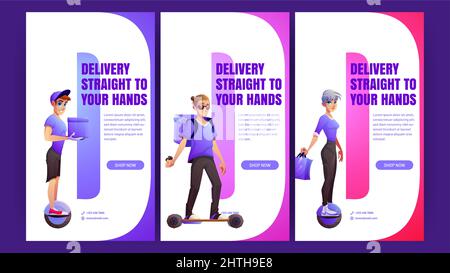 Delivery posters with people on electric unicycle and skate. Vector vertical banners of deliver service with cartoon couriers with box, backpack and bags ride on skateboard and monowheel Stock Vector