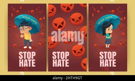 Stop Hate posters with asian kids under umbrellas and falling red angry emoji. Vector vertical banners of protest against racism and hatred with cartoon illustration of sad girl and boy from Asia Stock Vector