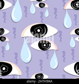 Seamless pattern of tear cry eyes on violet background. Isolated vector illustration. Two eyes with tears drop. Stock Photo