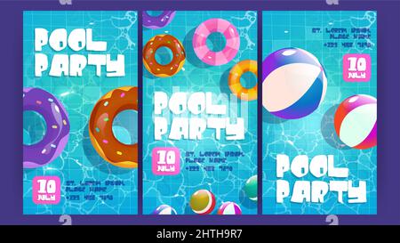 Pool party posters with inflatable rubber rings and balls floating in water. Vector vertical banners of summer holidays, resort vacation with cartoon top view of swimming pool Stock Vector