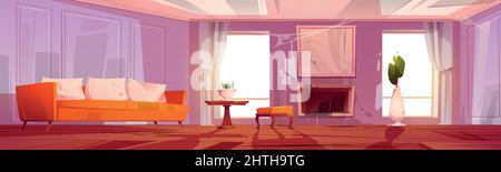 Old dirty living room in abandoned house. Vector cartoon illustration of empty home interior with mess, worn out furniture, broken wooden floor and fireplace need repair and renovation Stock Vector