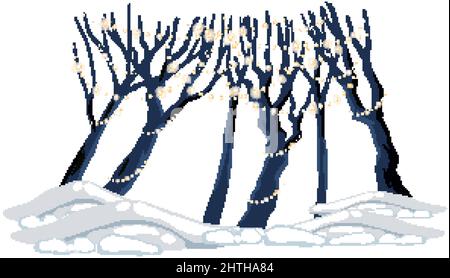 Group of leafless trees with holiday lights and snow ground illustration Stock Vector